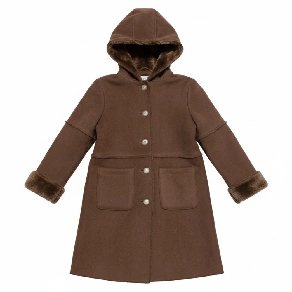 GAP Faux Shearling Hooded Coat Kids Size M 7-8 Brown Winter Jacket Faux Suede